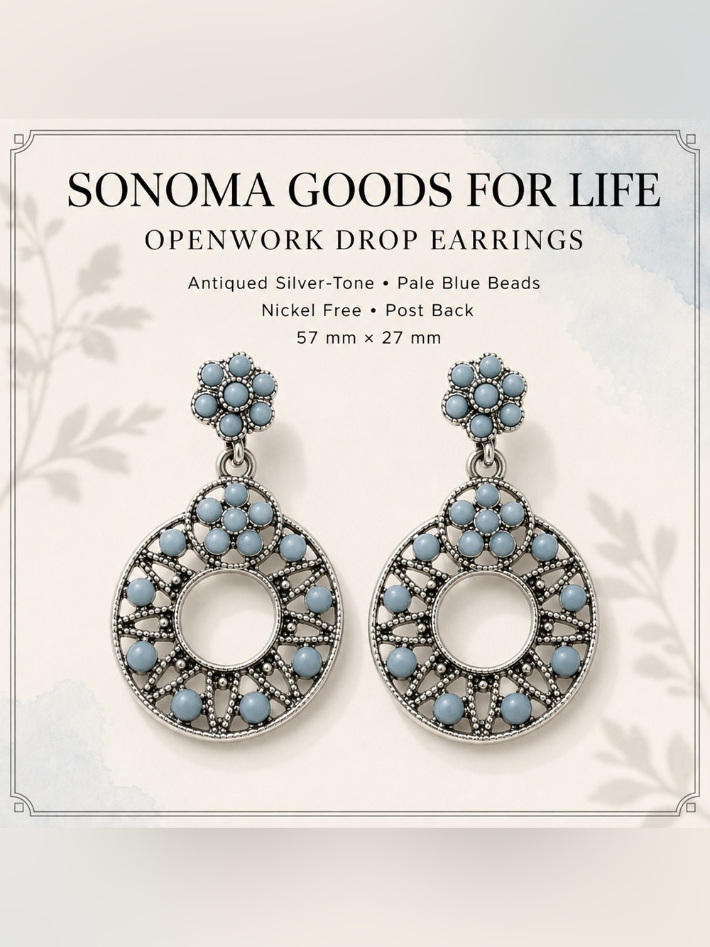 Pale Blue Openwork Drop Earrings - Antiqued Silver-Tone